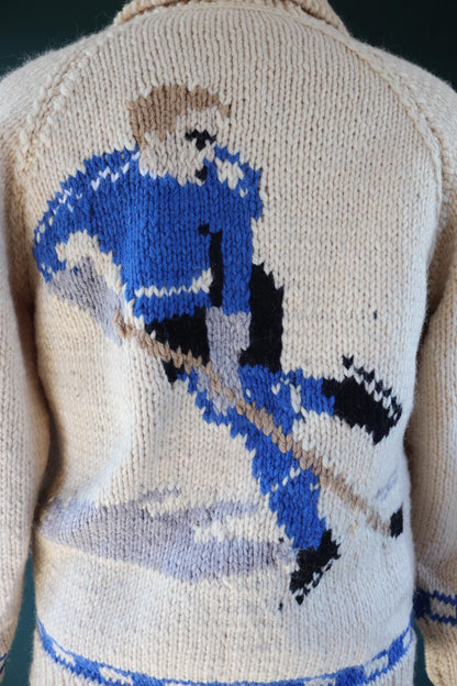 Vintage 1960s novelty hand knitted cardigan - ice hockey design - Mary Maxim - cowichan sweater - 44” chest