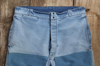Vintage 1950s French workwear trousers - Le Mont St Michel chore pants - blue moleskin - darned and repaired - 31” x 28”