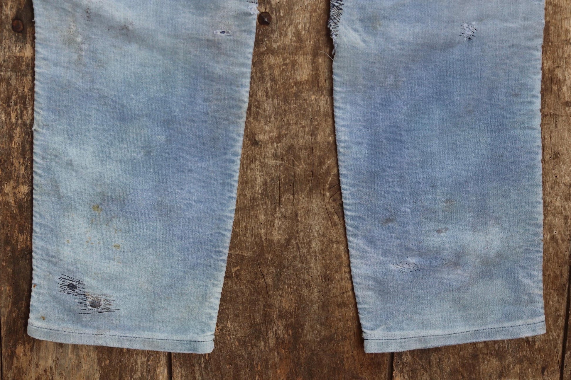 Vintage 1950s French workwear trousers - Le Mont St Michel chore pants - blue moleskin - darned and repaired - 31” x 28”