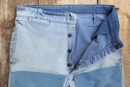 Vintage 1950s French workwear trousers - Le Mont St Michel chore pants - blue moleskin - darned and repaired - 31” x 28”