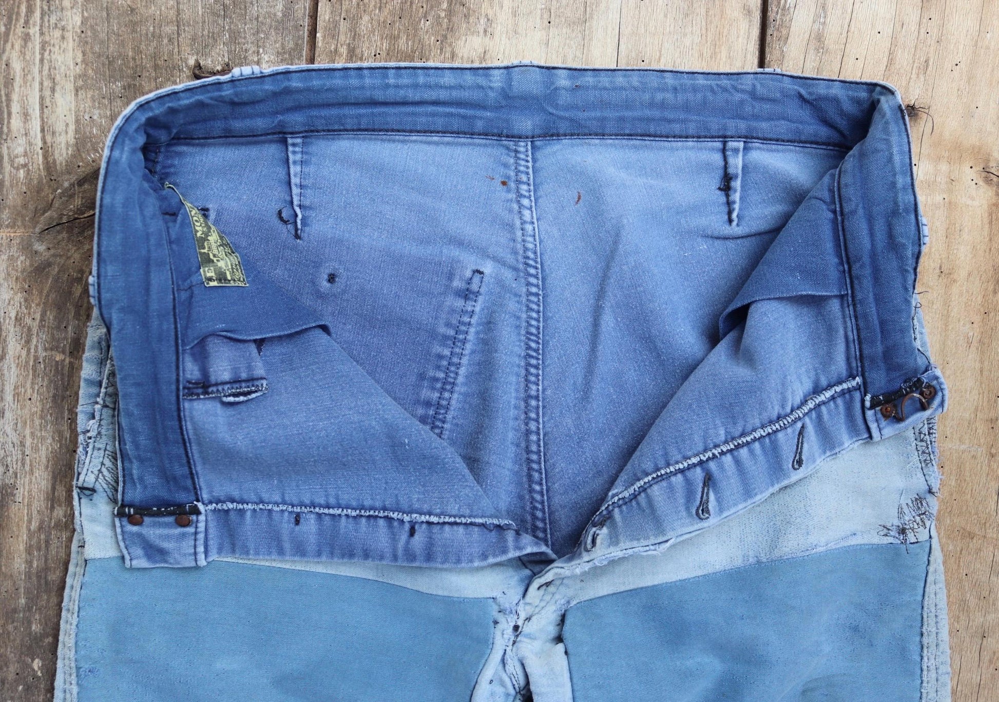 Vintage 1950s French workwear trousers - Le Mont St Michel chore pants - blue moleskin - darned and repaired - 31” x 28”