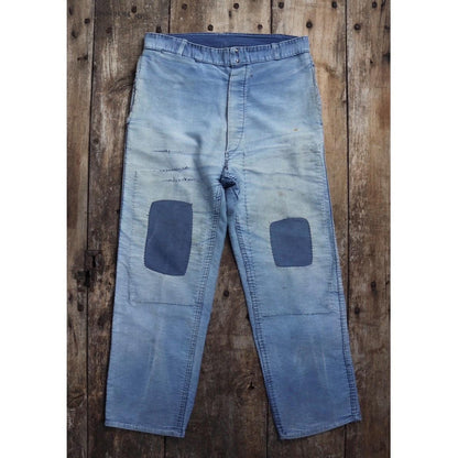 Vintage 1950s French workwear trousers - Le Mont St Michel chore pants - blue moleskin - darned and repaired - 31” x 25”