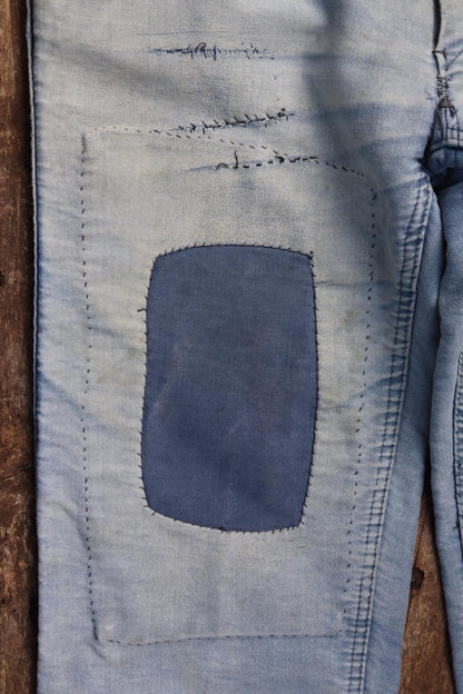 Vintage 1950s French workwear trousers - Le Mont St Michel chore pants - blue moleskin - darned and repaired - 31” x 25”