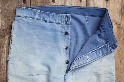 Vintage 1950s French workwear trousers - Le Mont St Michel chore pants - blue moleskin - darned and repaired - 31” x 25”