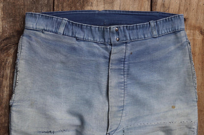 Vintage 1950s French workwear trousers - Le Mont St Michel chore pants - blue moleskin - darned and repaired - 31” x 25”