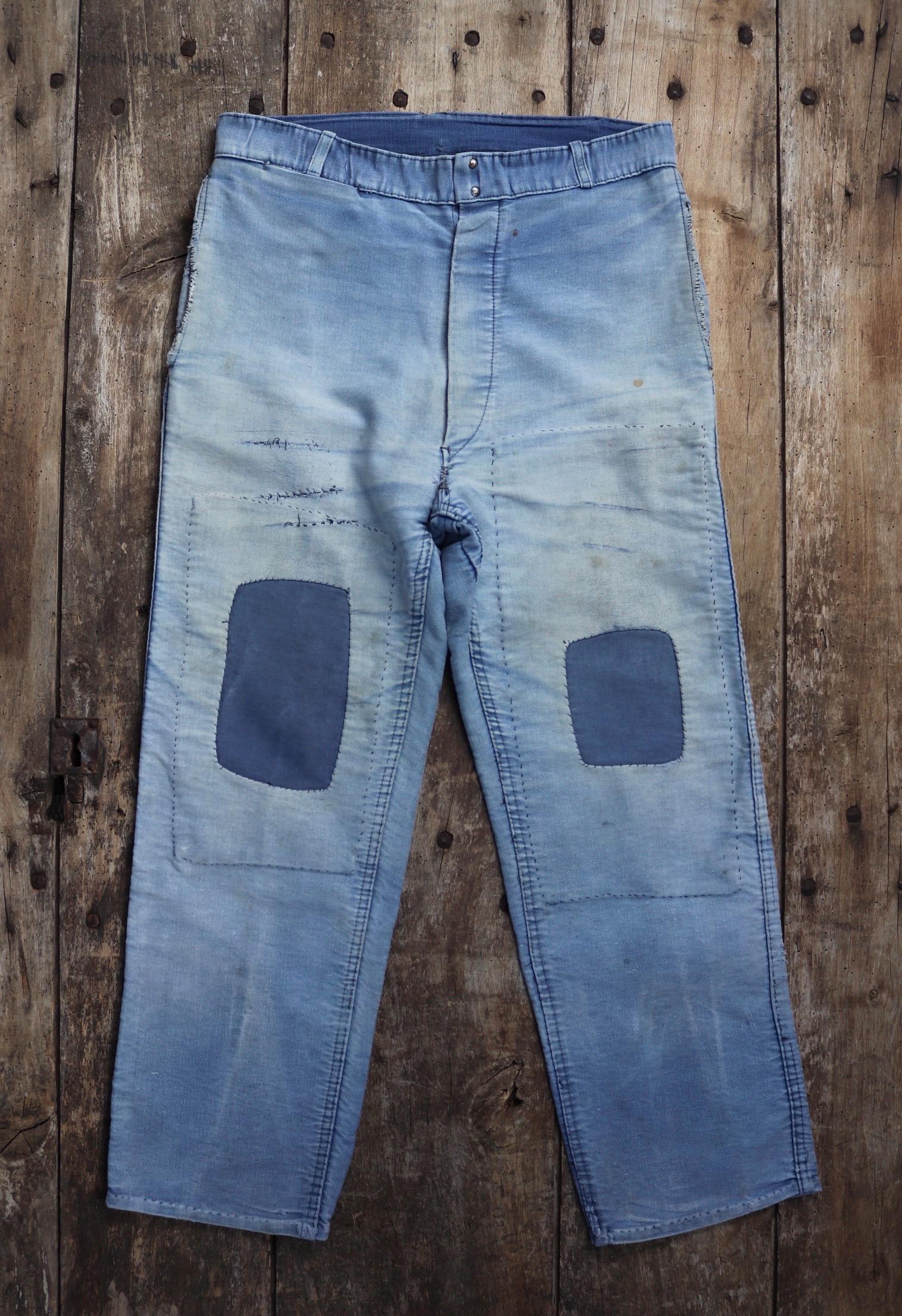 Vintage 1950s French workwear trousers - Le Mont St Michel chore pants - blue moleskin - darned and repaired - 31” x 25”