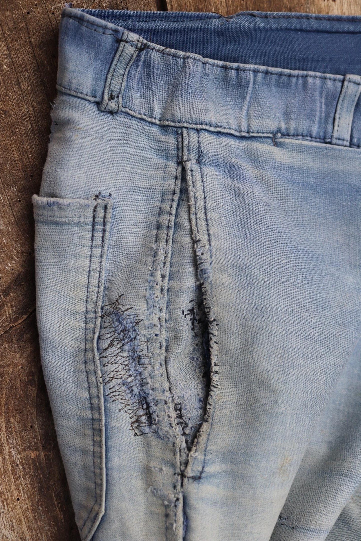 Vintage 1950s French workwear trousers - Le Mont St Michel chore pants - blue moleskin - darned and repaired - 31” x 25”