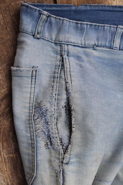 Vintage 1950s French workwear trousers - Le Mont St Michel chore pants - blue moleskin - darned and repaired - 31” x 25”
