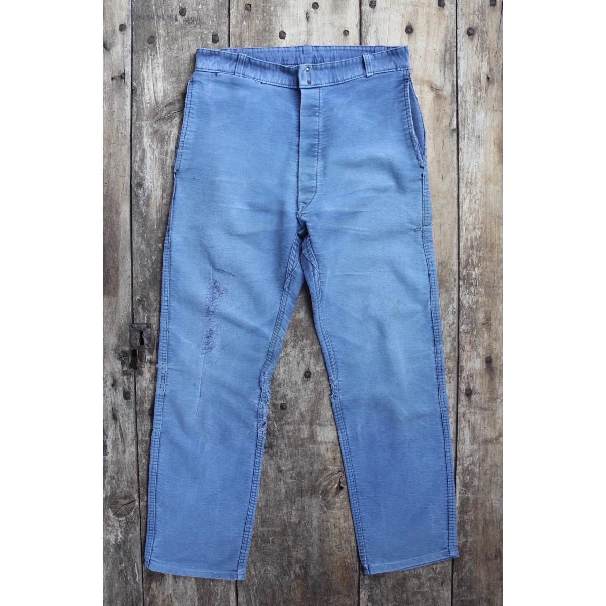 Vintage 1950s French workwear trousers - Le Mont St Michel chore pants - blue moleskin - darned and repaired - 31” x 27”