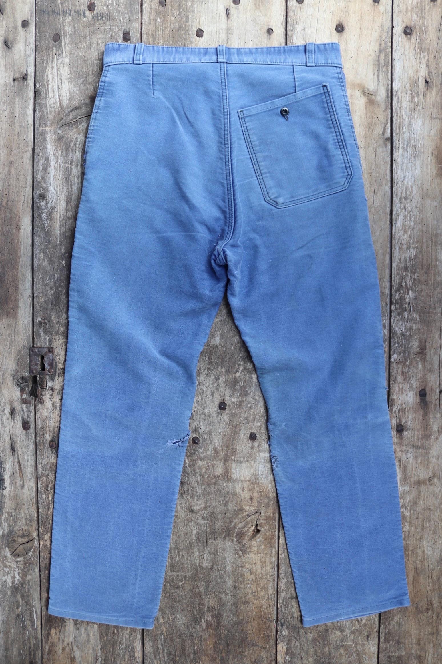 Vintage 1950s French workwear trousers - Le Mont St Michel chore pants - blue moleskin - darned and repaired - 31” x 27”