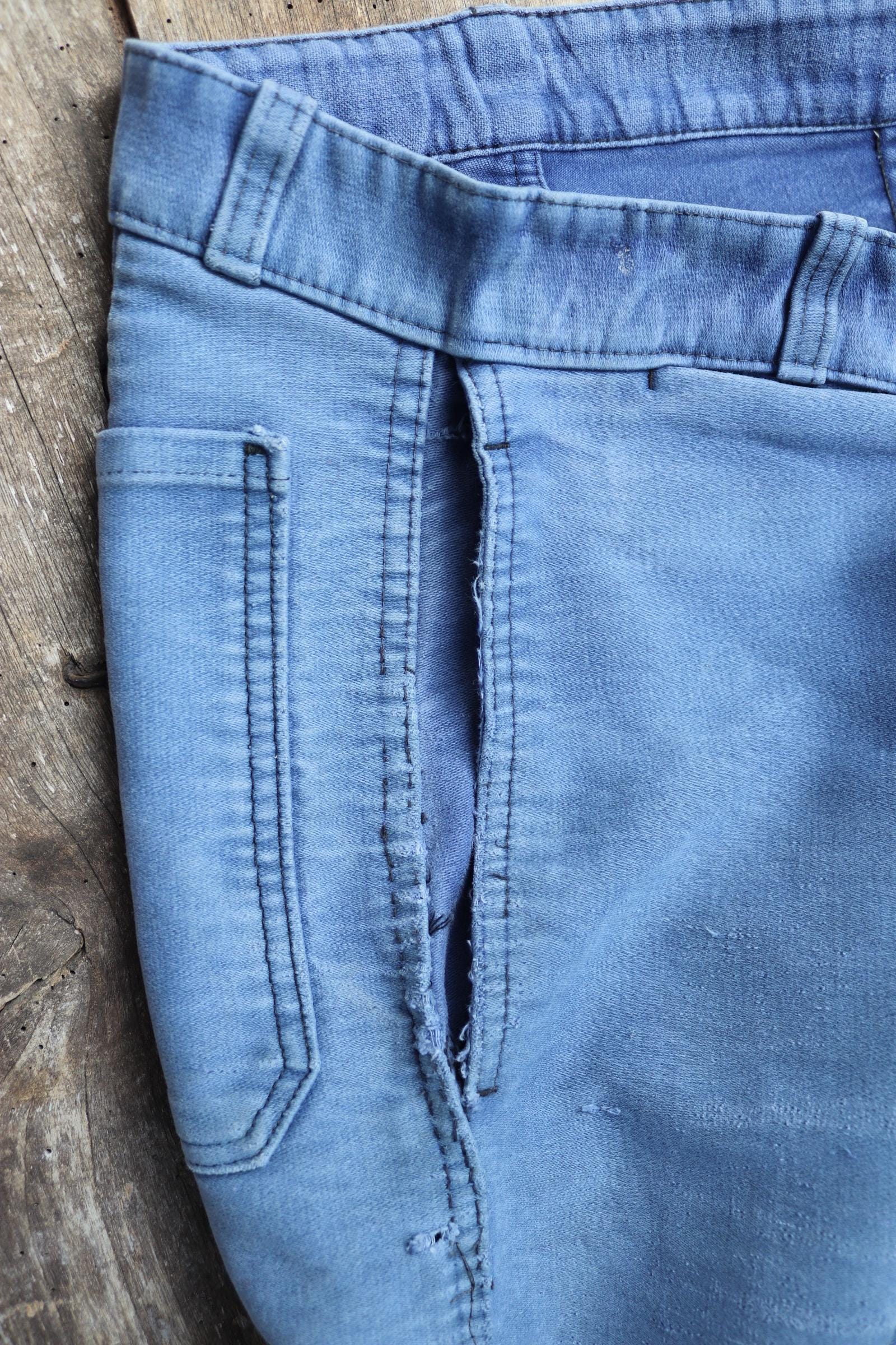 Vintage 1950s French workwear trousers - Le Mont St Michel chore pants - blue moleskin - darned and repaired - 31” x 27”