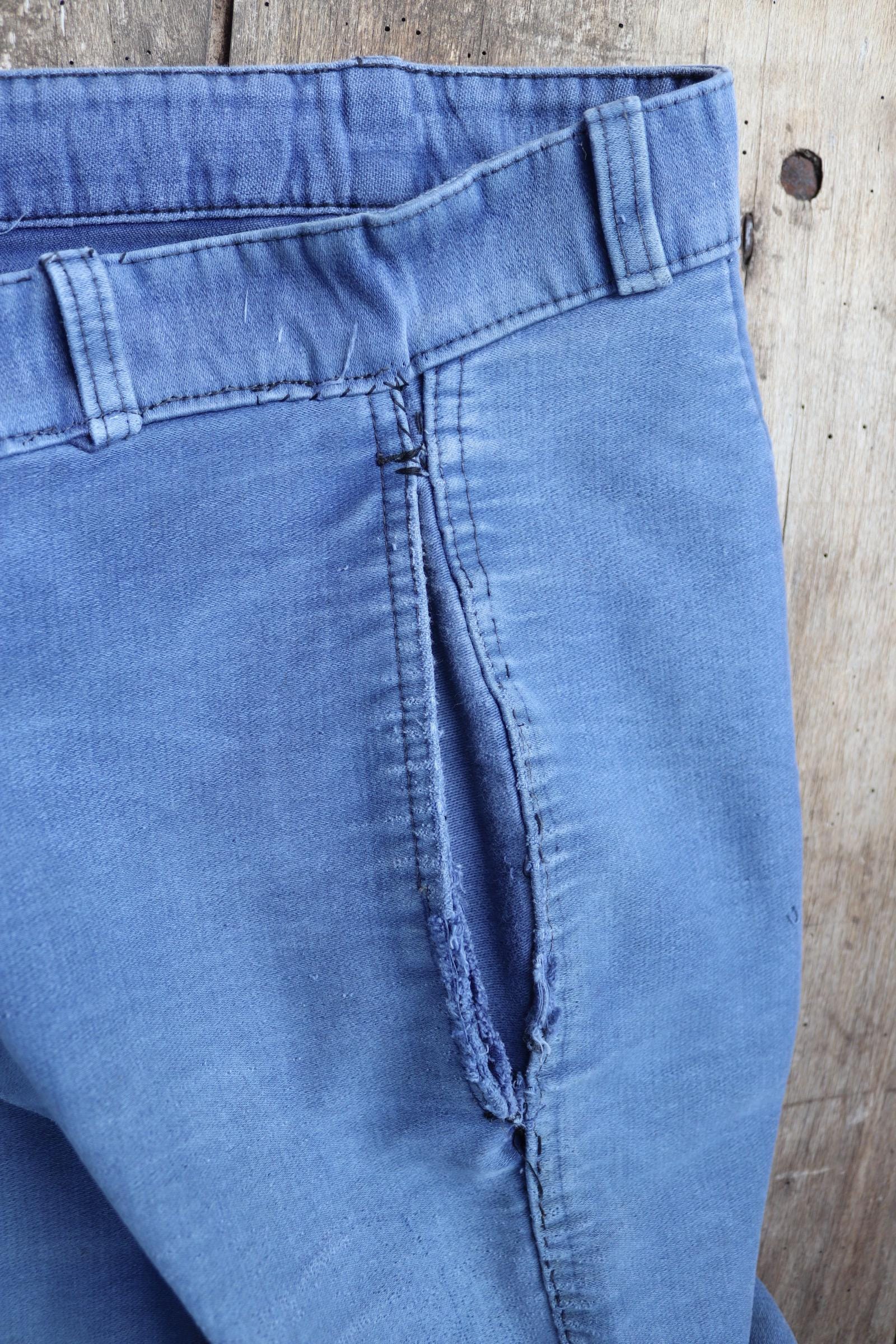 Vintage 1950s French workwear trousers - Le Mont St Michel chore pants - blue moleskin - darned and repaired - 31” x 27”