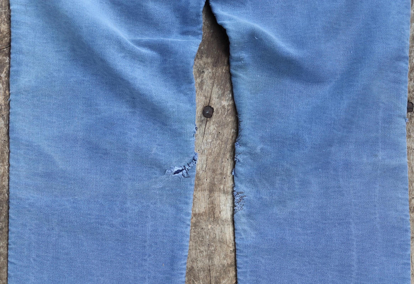 Vintage 1950s French workwear trousers - Le Mont St Michel chore pants - blue moleskin - darned and repaired - 31” x 27”