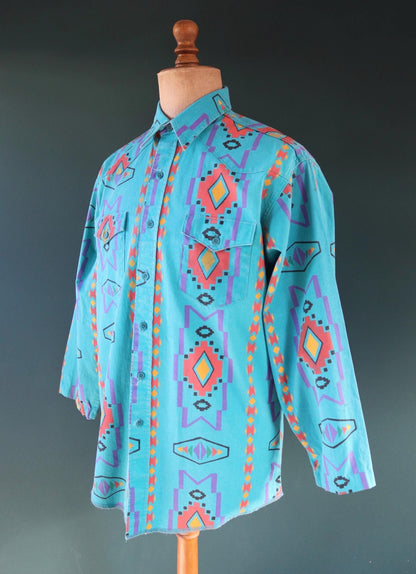 Vintage 1990s Wrangler Brushpopper shirt - Aztec print - Western - 49" chest