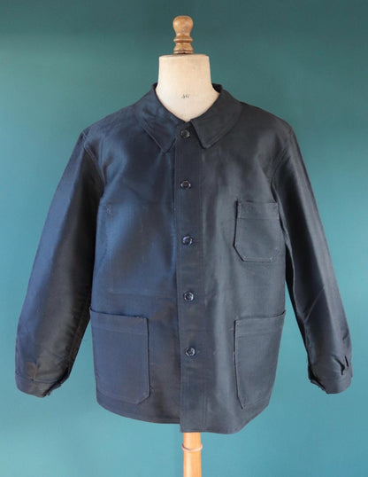 Vintage 1940s French black moleskin chore jacket - deadstock workwear - 52” chest