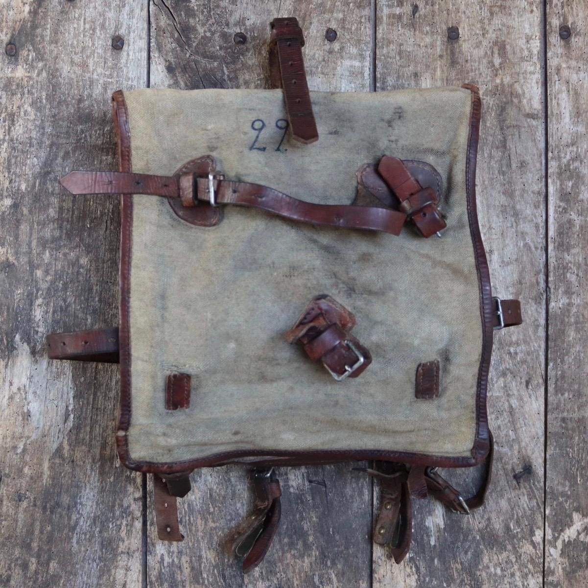 Antique WW1 Swedish military rucksack - linen and leather backpack - 1910s bag