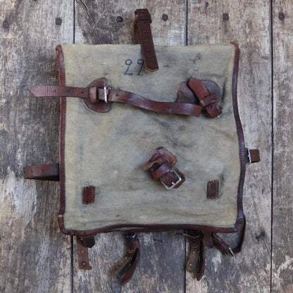 Antique WW1 Swedish military rucksack - linen and leather backpack - 1910s bag
