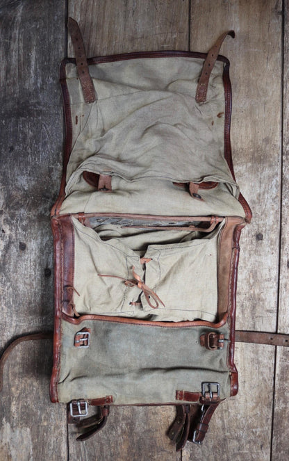 Antique WW1 Swedish military rucksack - linen and leather backpack - 1910s bag