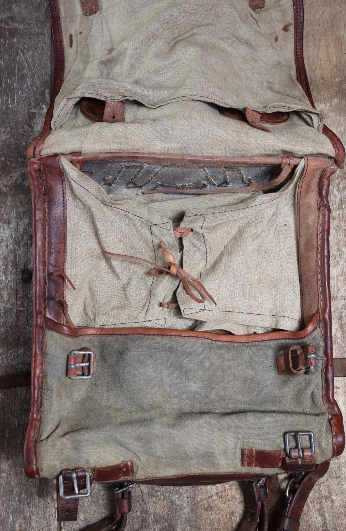 Antique WW1 Swedish military rucksack - linen and leather backpack - 1910s bag