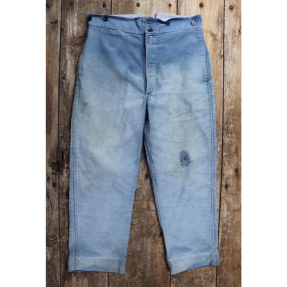 Vintage 1940s French workwear trousers - blue moleskin chore pants - buckle back - darned and repaired - 33” x 25”