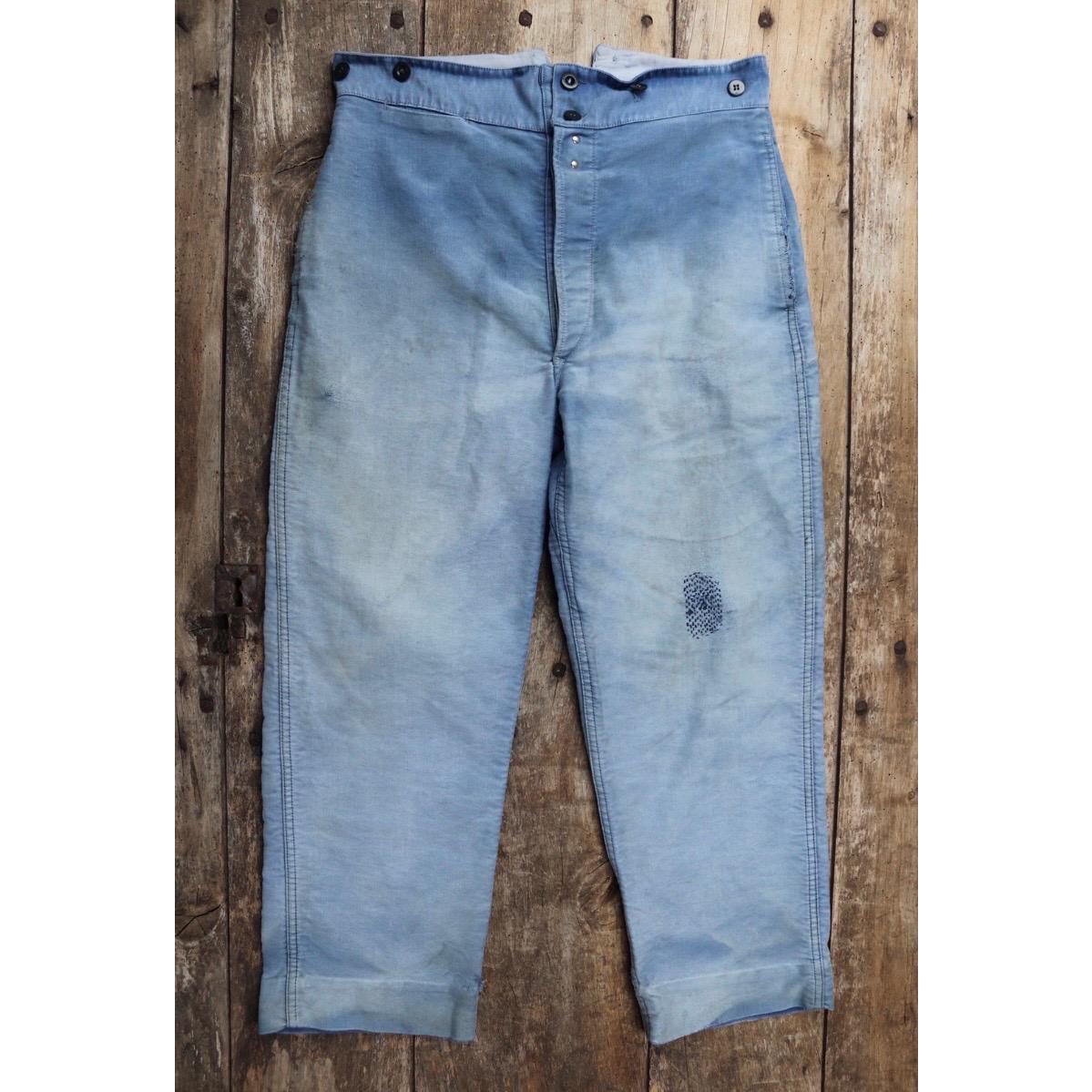 Vintage 1940s French workwear trousers - blue moleskin chore pants - buckle back - darned and repaired - 33” x 25”