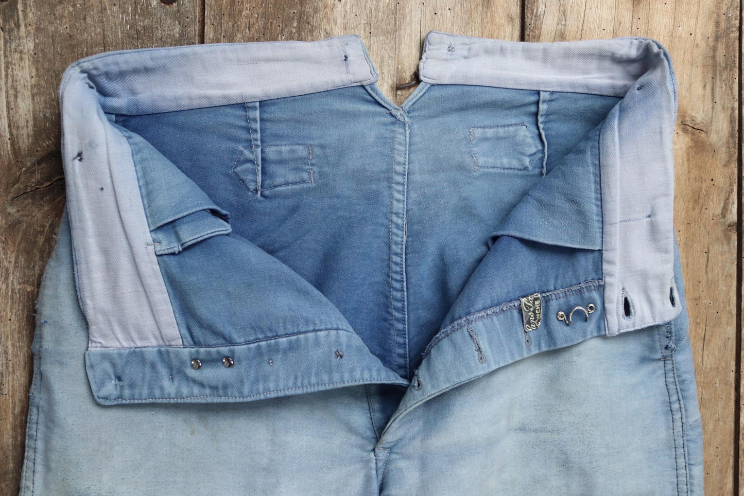 Vintage 1940s French workwear trousers - blue moleskin chore pants - buckle back - darned and repaired - 33” x 25”