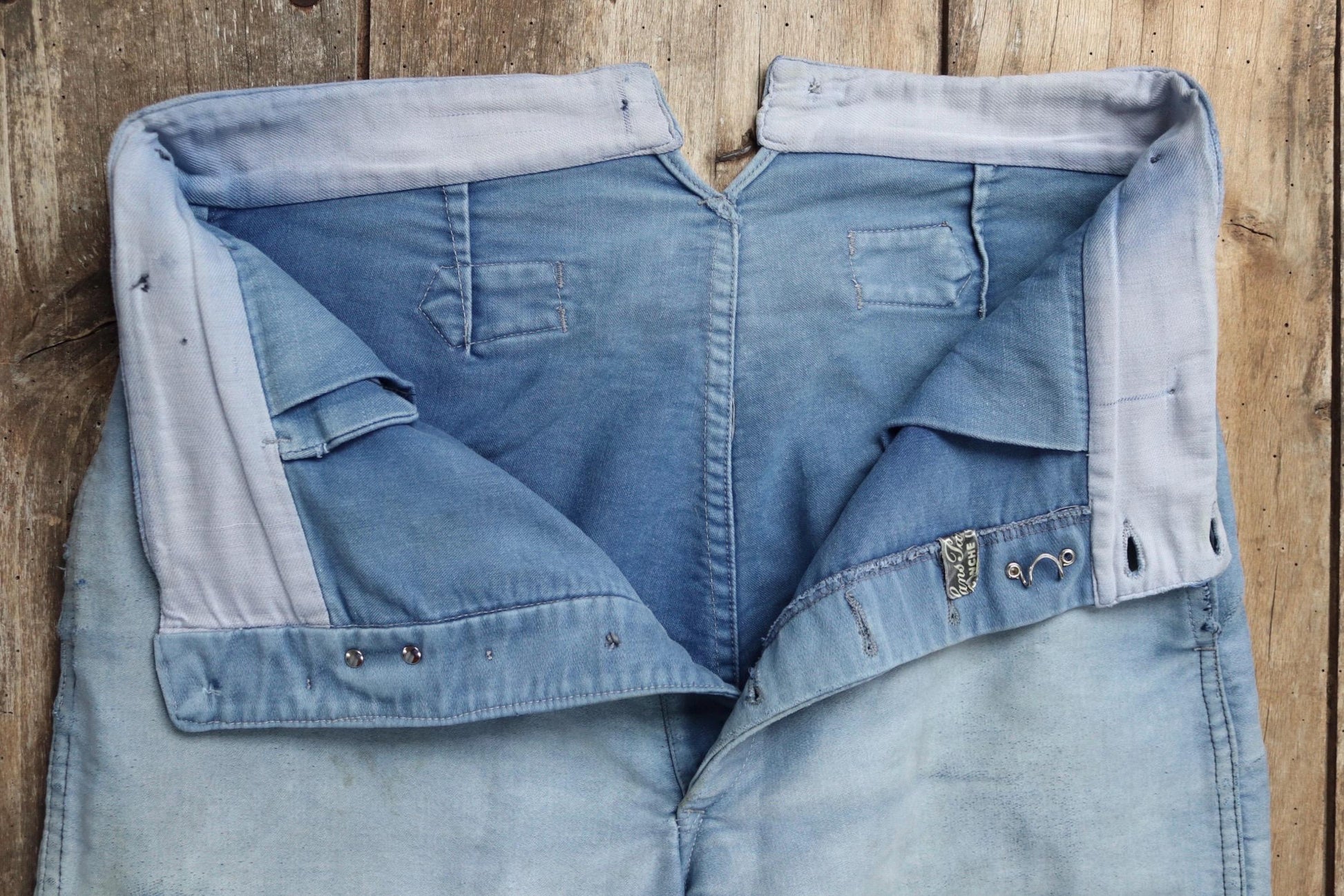 Vintage 1940s French workwear trousers - blue moleskin chore pants - buckle back - darned and repaired - 33” x 25”