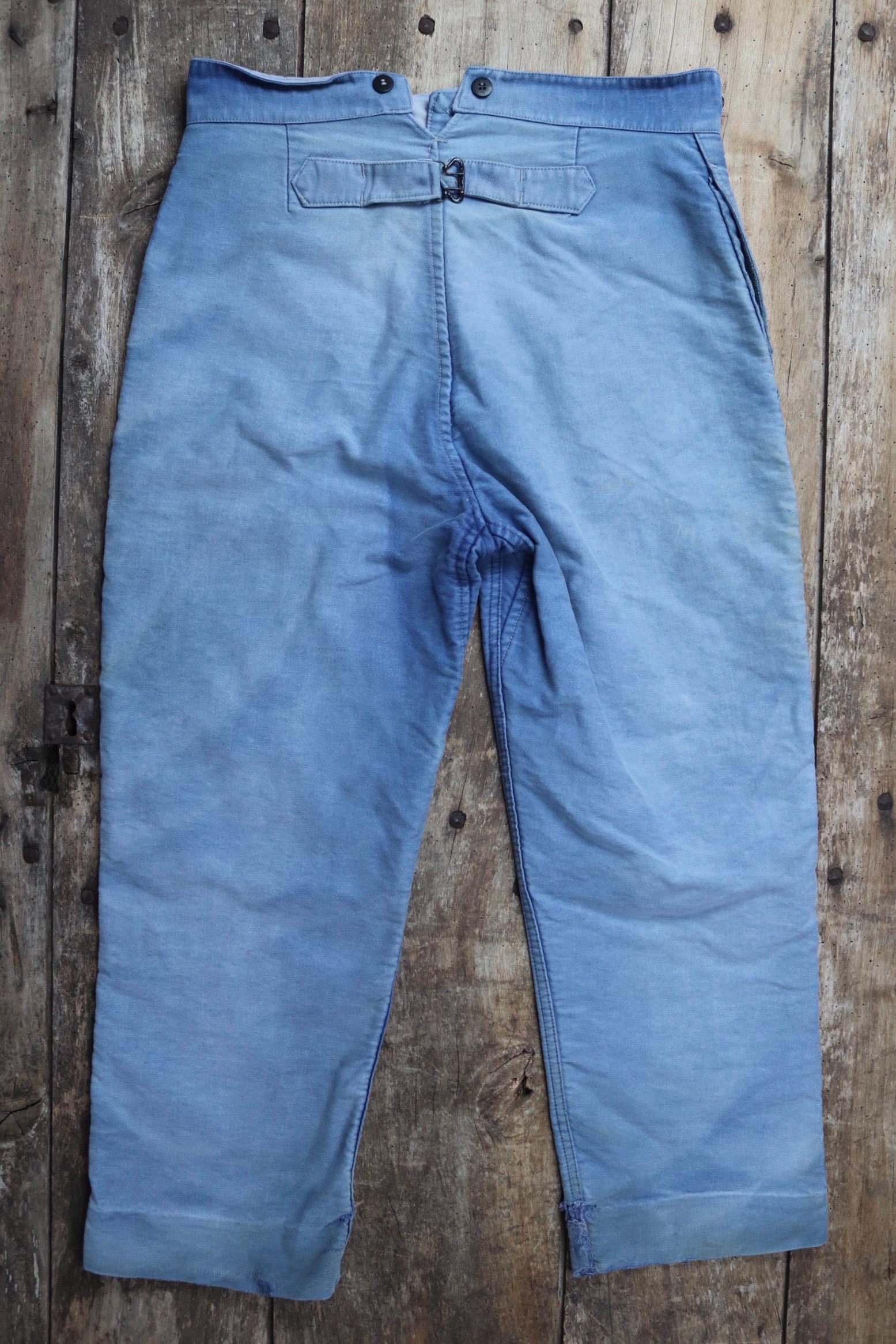 Vintage 1940s French workwear trousers - blue moleskin chore pants - buckle back - darned and repaired - 33” x 25”