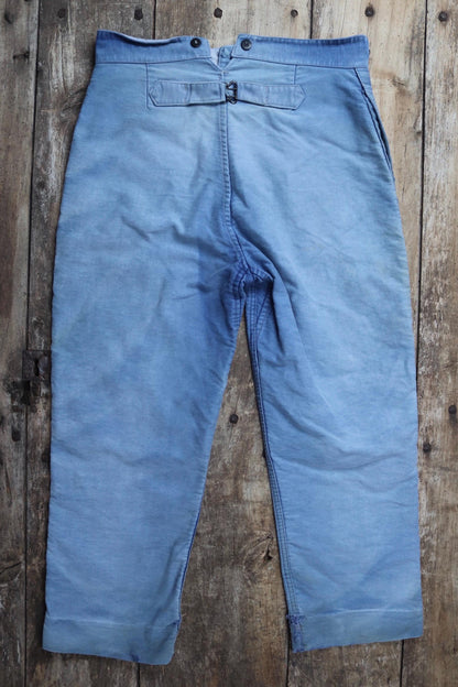 Vintage 1940s French workwear trousers - blue moleskin chore pants - buckle back - darned and repaired - 33” x 25”