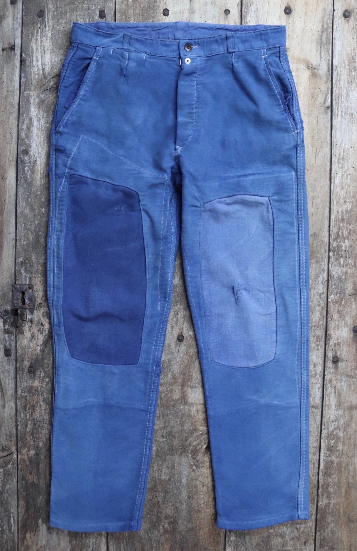 Vintage 1970s French workwear trousers - blue moleskin chore pants - darned and repaired - 32” x 28”