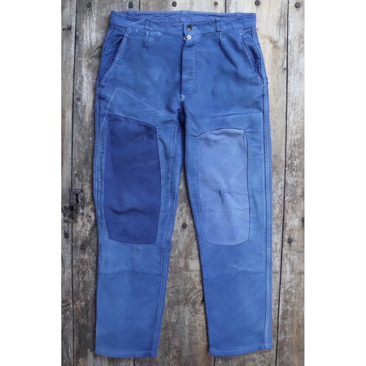 Vintage 1970s French workwear trousers - blue moleskin chore pants - darned and repaired - 32” x 28”