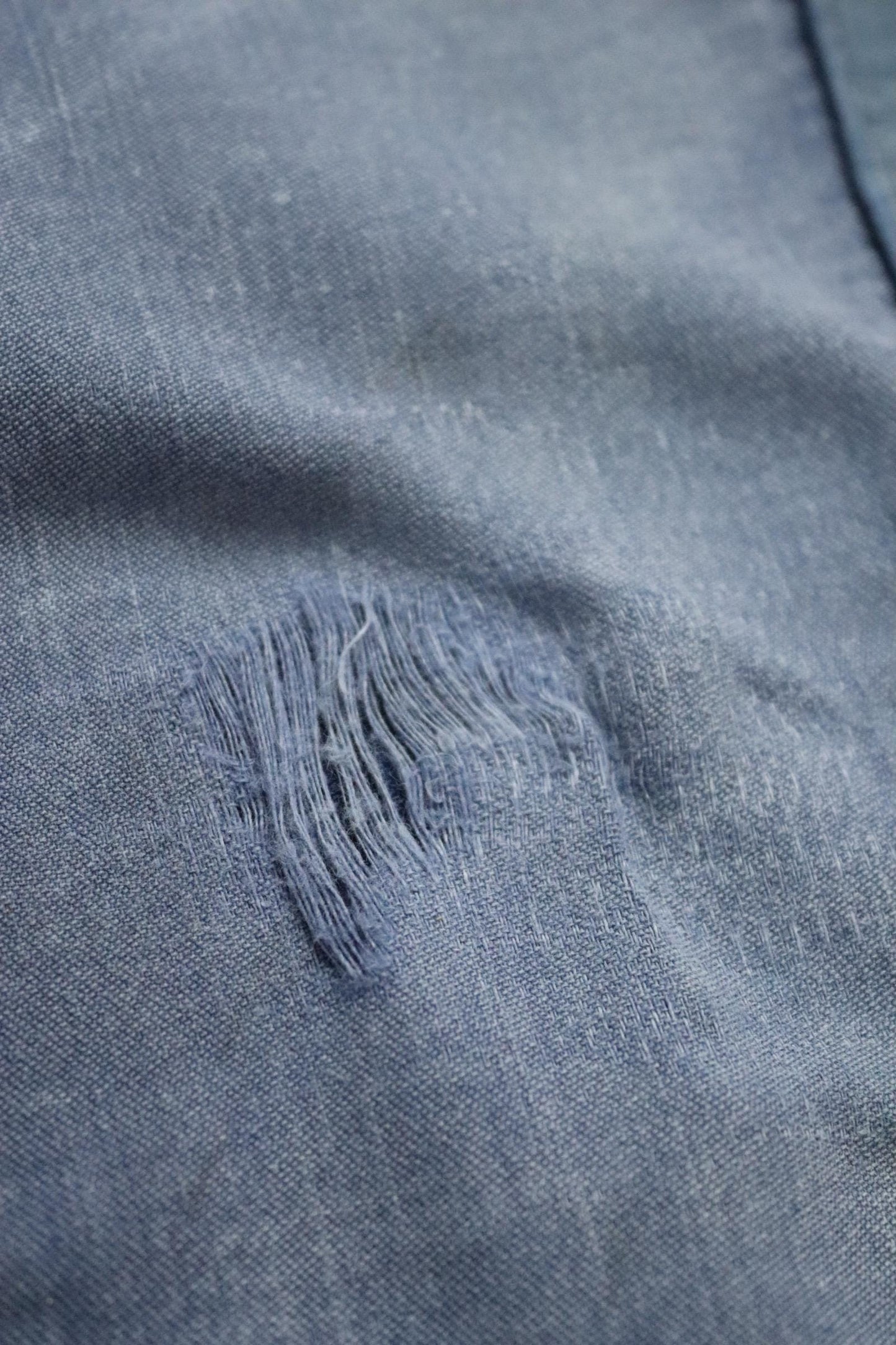 Vintage 1970s French workwear trousers - blue moleskin chore pants - darned and repaired - 32” x 28”