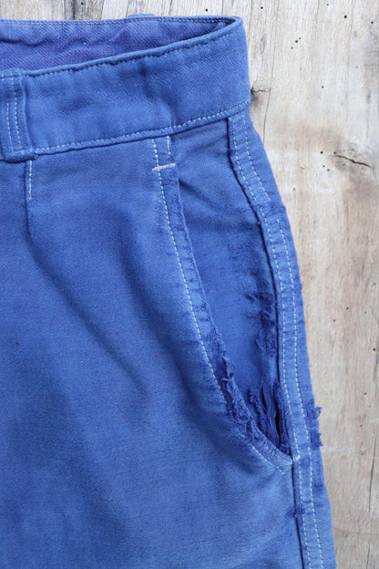 Vintage 1970s French workwear trousers - blue moleskin chore pants - darned and repaired - 32” x 28”
