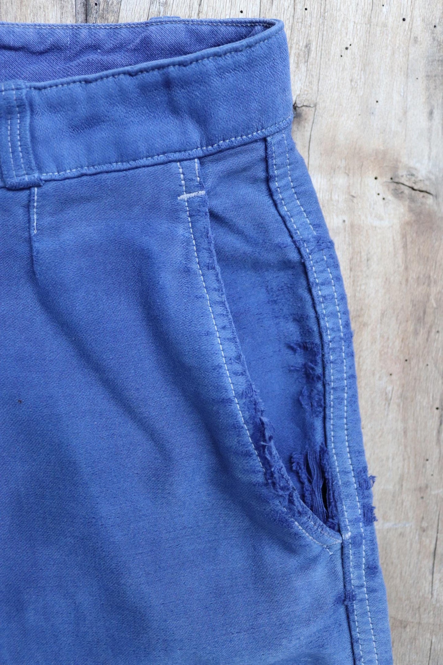 Vintage 1970s French workwear trousers - blue moleskin chore pants - darned and repaired - 32” x 28”