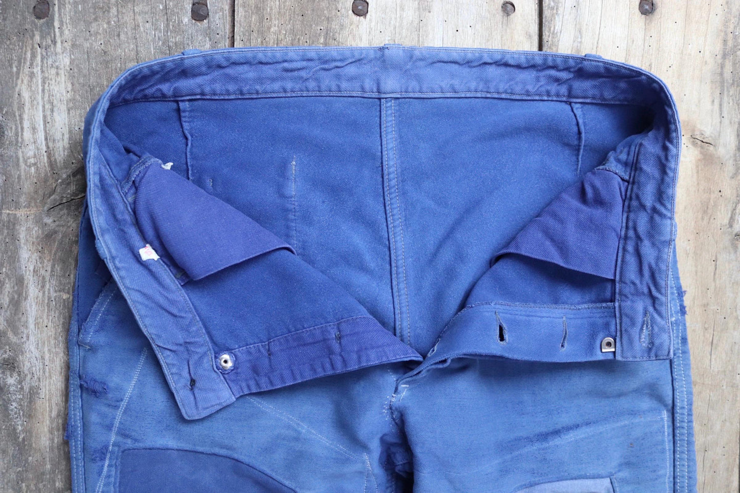Vintage 1970s French workwear trousers - blue moleskin chore pants - darned and repaired - 32” x 28”
