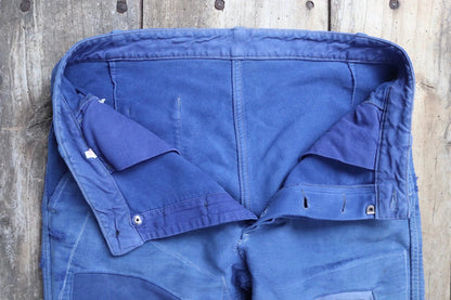 Vintage 1970s French workwear trousers - blue moleskin chore pants - darned and repaired - 32” x 28”