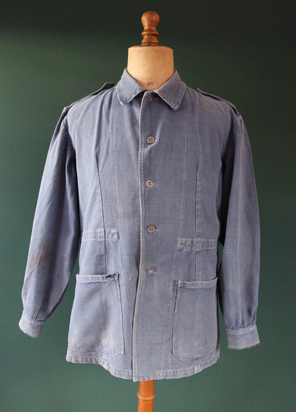 Vintage 1940s Swedish military workwear jacket - blue cotton twill - 1950s chore coat - 45” chest