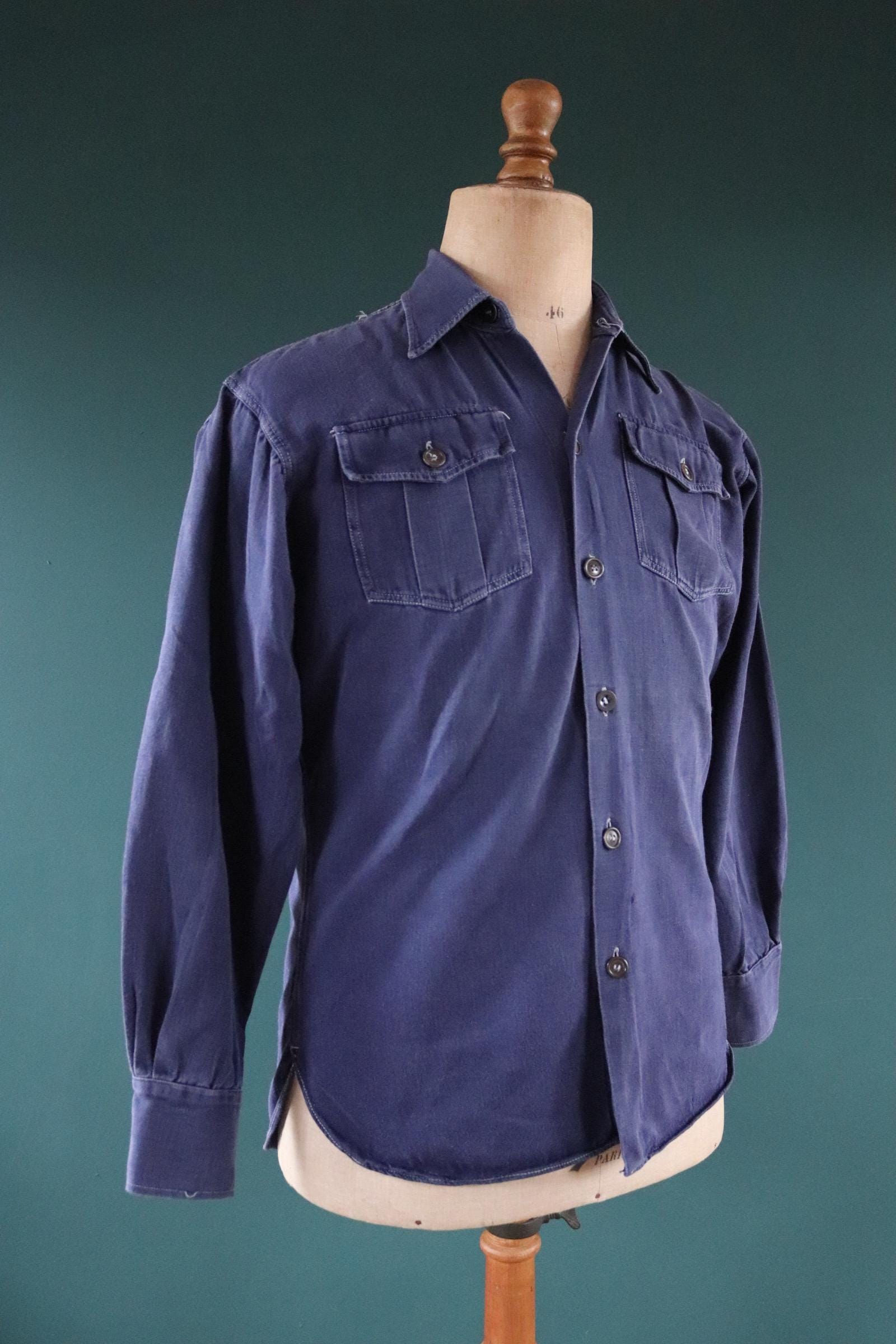 Vintage 1950s Swedish indigo cotton shirt - military workwear - 43” chest