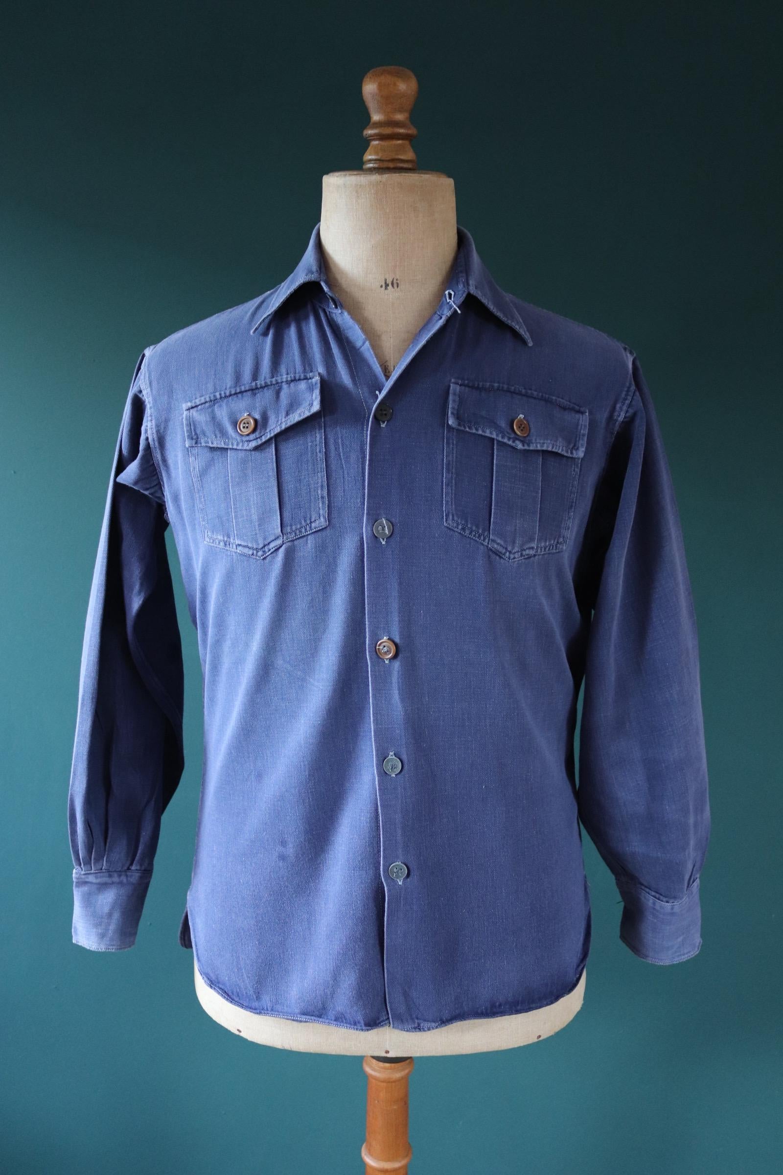 Vintage 1950s Swedish indigo cotton shirt - military workwear - 44” chest