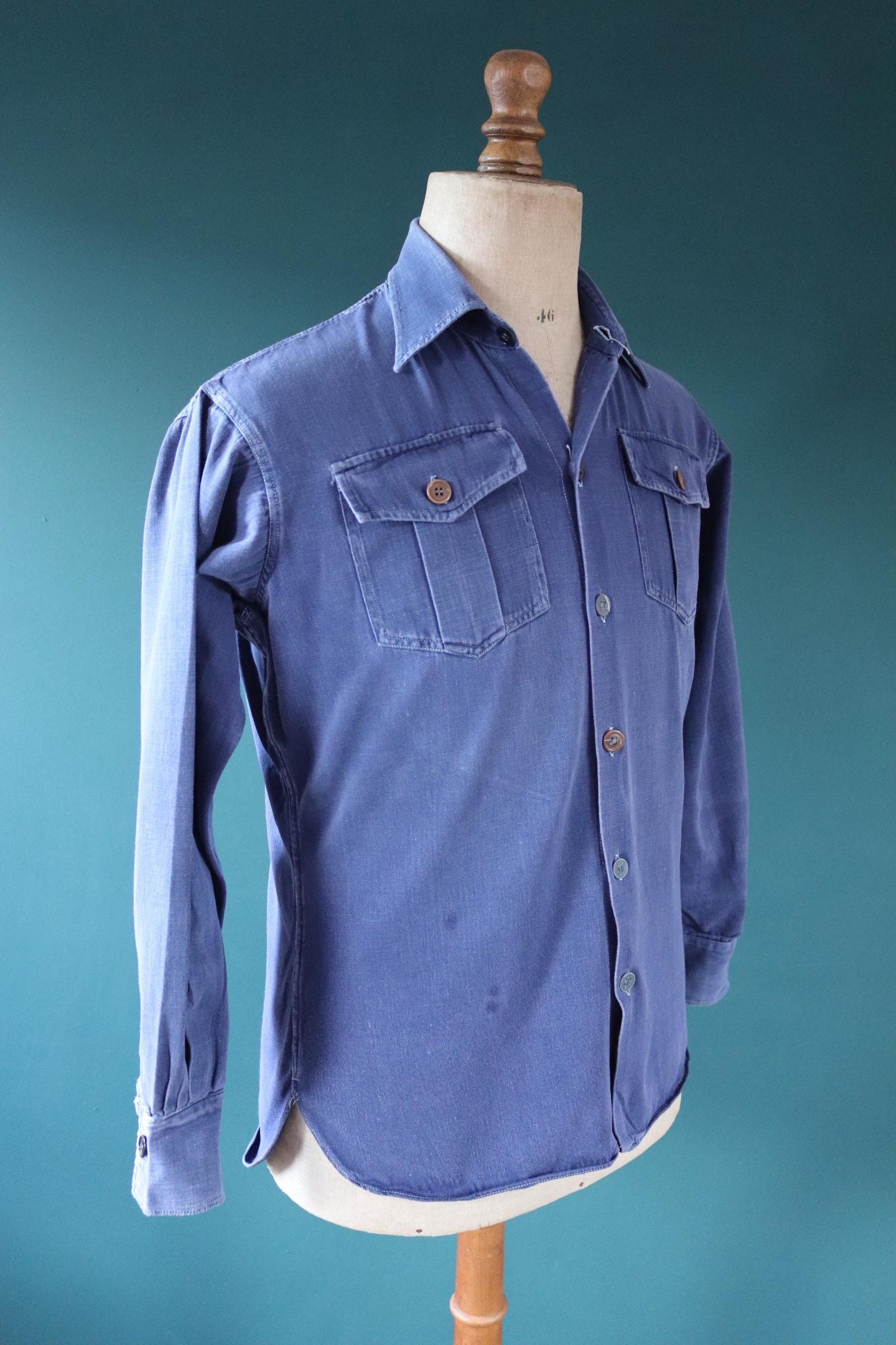 Vintage 1950s Swedish indigo cotton shirt - military workwear - 44” chest