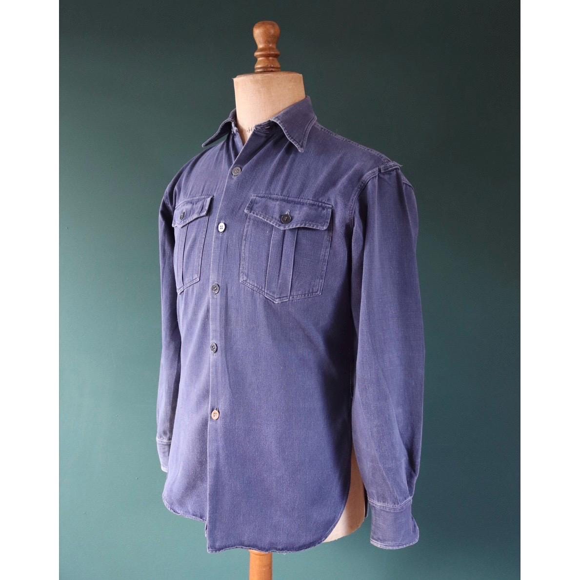 Vintage 1950s Swedish indigo cotton shirt - military workwear - 42” chest