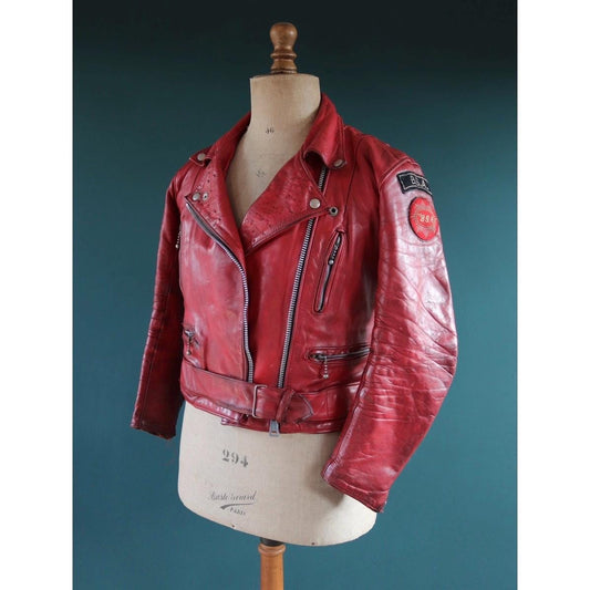 Vintage 1970s British red leather biker jacket - Highwayman - BSA motorcycle - 37” chest