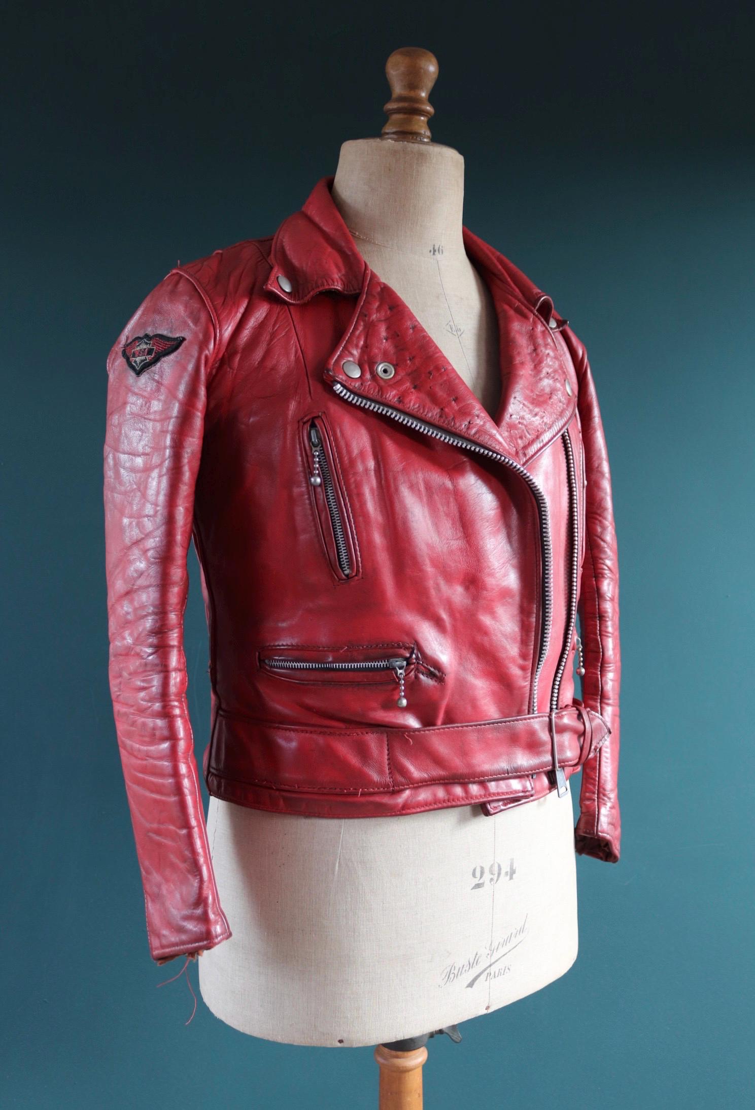 Vintage 1970s British red leather biker jacket - Highwayman - BSA motorcycle - 37” chest