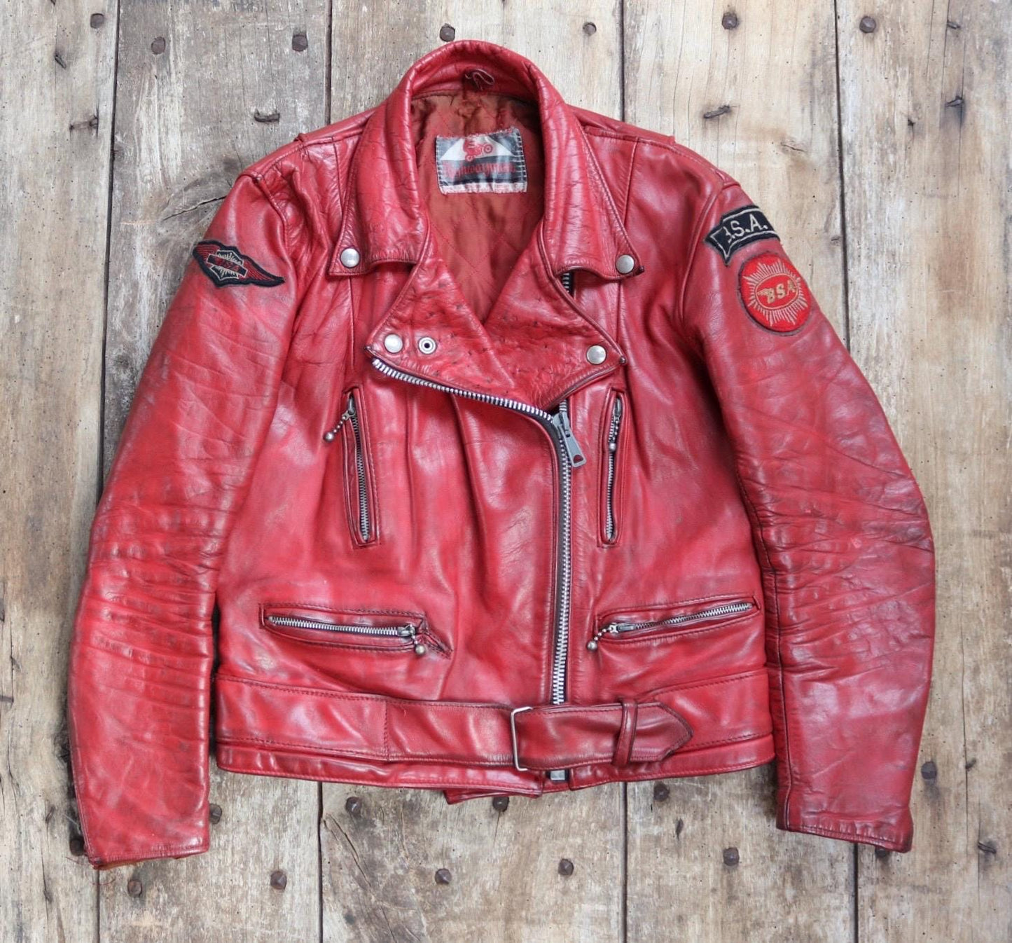 Vintage 1970s British red leather biker jacket - Highwayman - BSA motorcycle - 37” chest