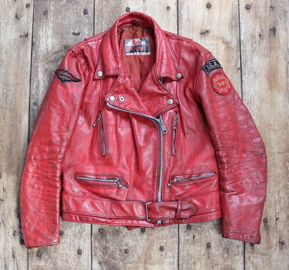 Vintage 1970s British red leather biker jacket - Highwayman - BSA motorcycle - 37” chest