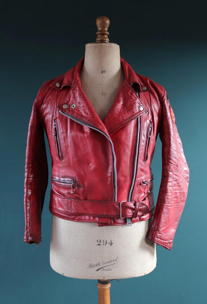Vintage 1970s British red leather biker jacket - Highwayman - BSA motorcycle - 37” chest