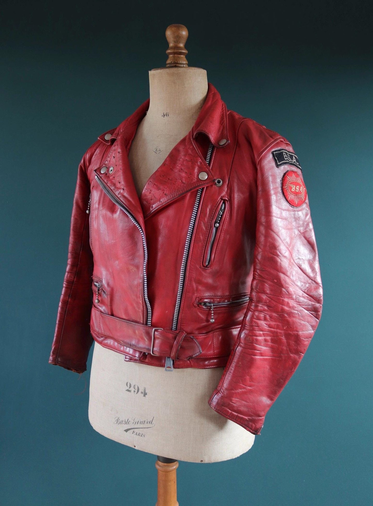 Vintage 1970s British red leather biker jacket - Highwayman - BSA motorcycle - 37” chest