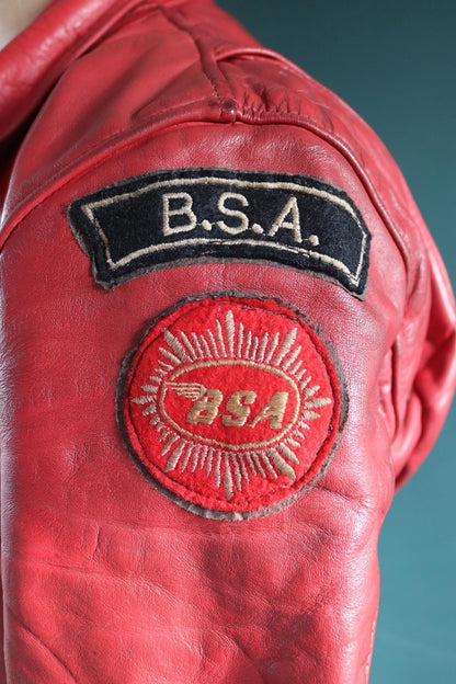 Vintage 1970s British red leather biker jacket - Highwayman - BSA motorcycle - 37” chest