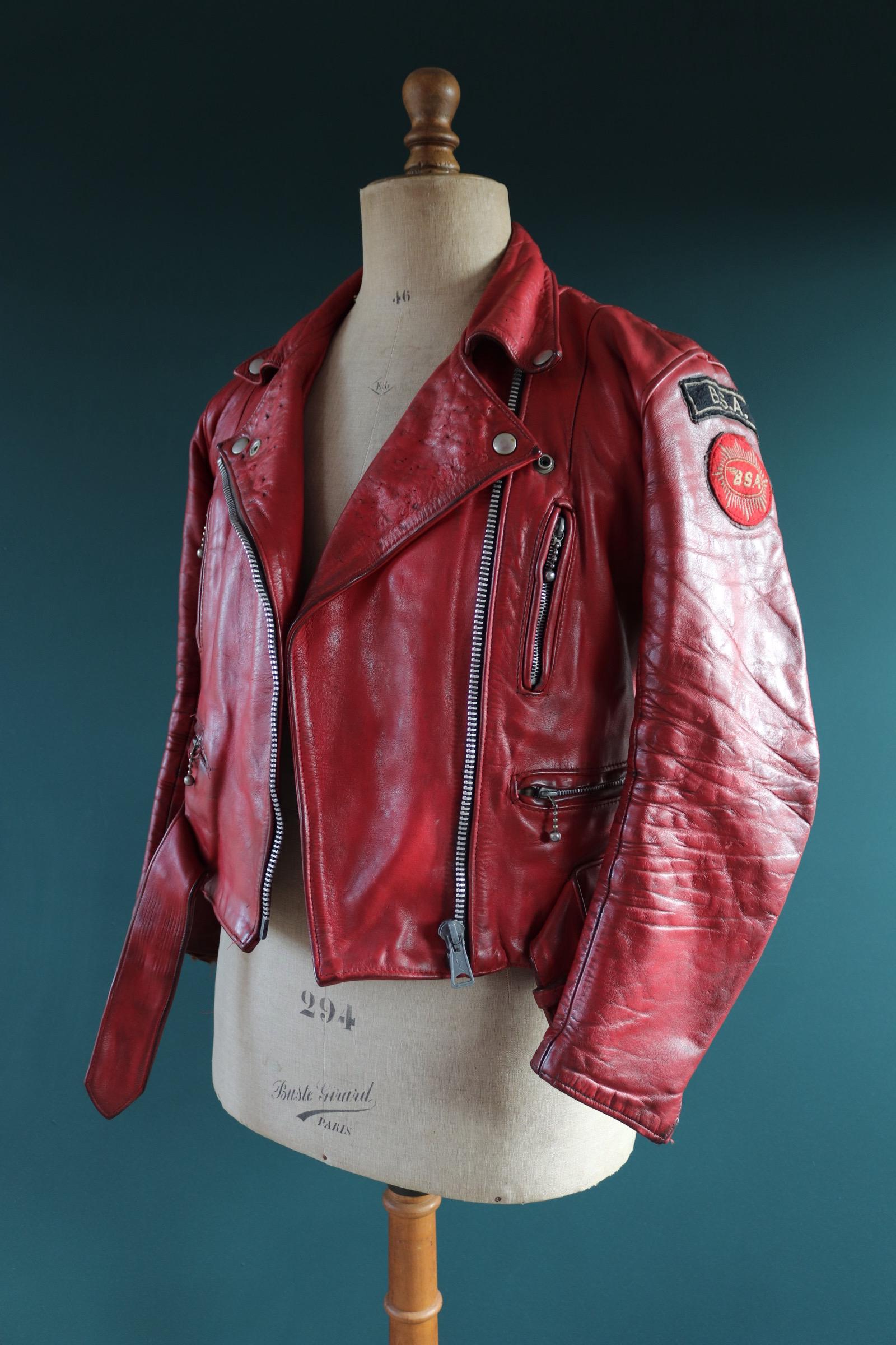 Vintage 1970s British red leather biker jacket - Highwayman - BSA motorcycle - 37” chest