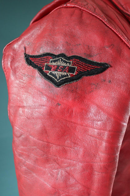 Vintage 1970s British red leather biker jacket - Highwayman - BSA motorcycle - 37” chest